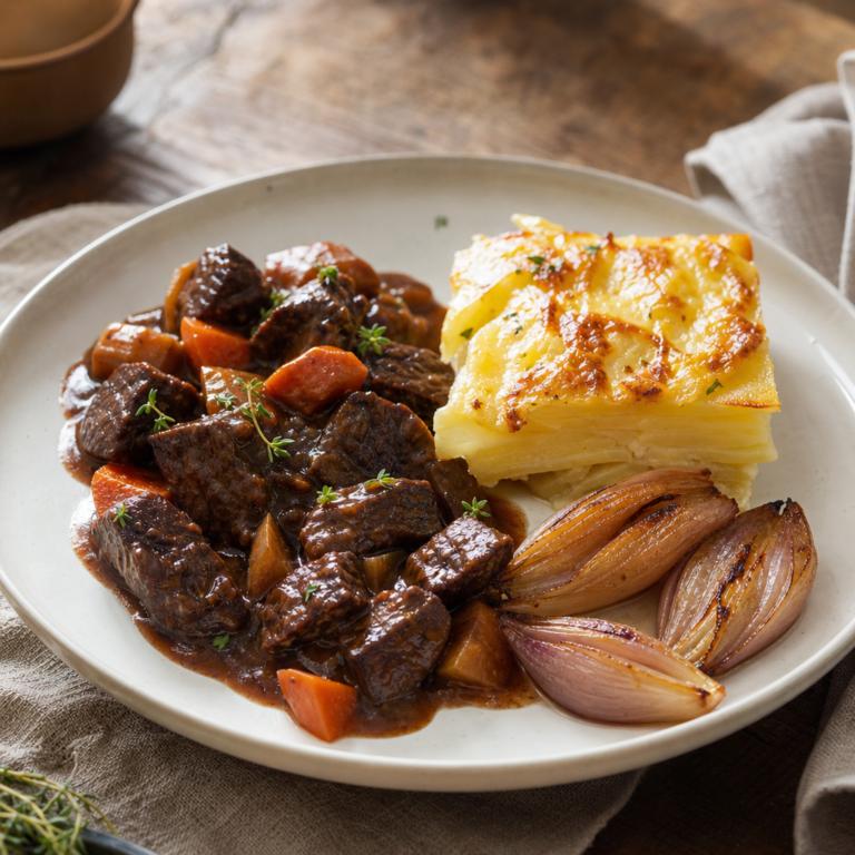 Hovädzie ragú s koreňovou zeleninou, pečenými šalotkami a zemiakovým gratinom
