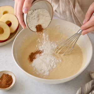 Jablkové lievancové kolieska na plechu po upečení, s nadýchaným cestom a mäkkým ovocným stredom.