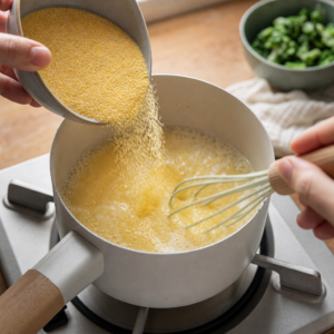 Polenta sa mieša v hrnci do hustej hladkej kaše.