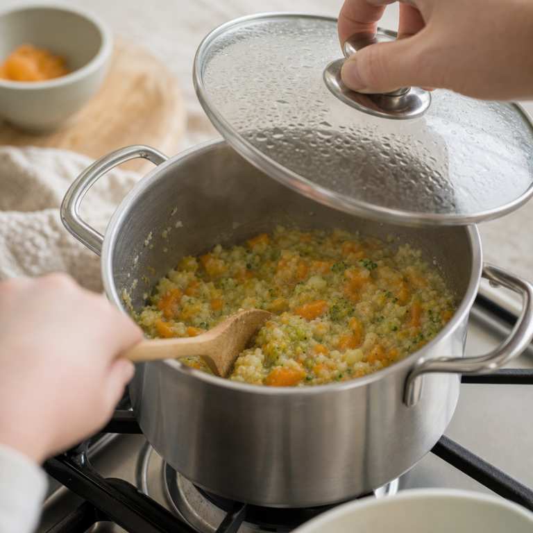 Do hrnca sa pridáva brokolica k zmäknutému batatu a šošovici.