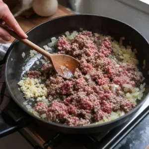 Navrstvená koložvárska kapusta v pekáči pred pečením.