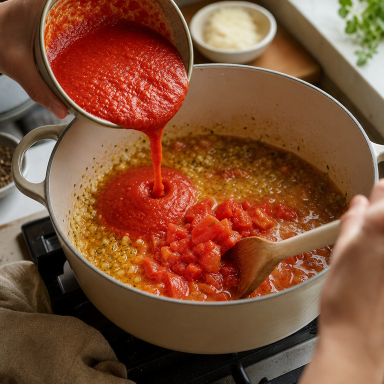 Do paradajkového základu sa pridáva cesnak, oregano, passata a vývar.