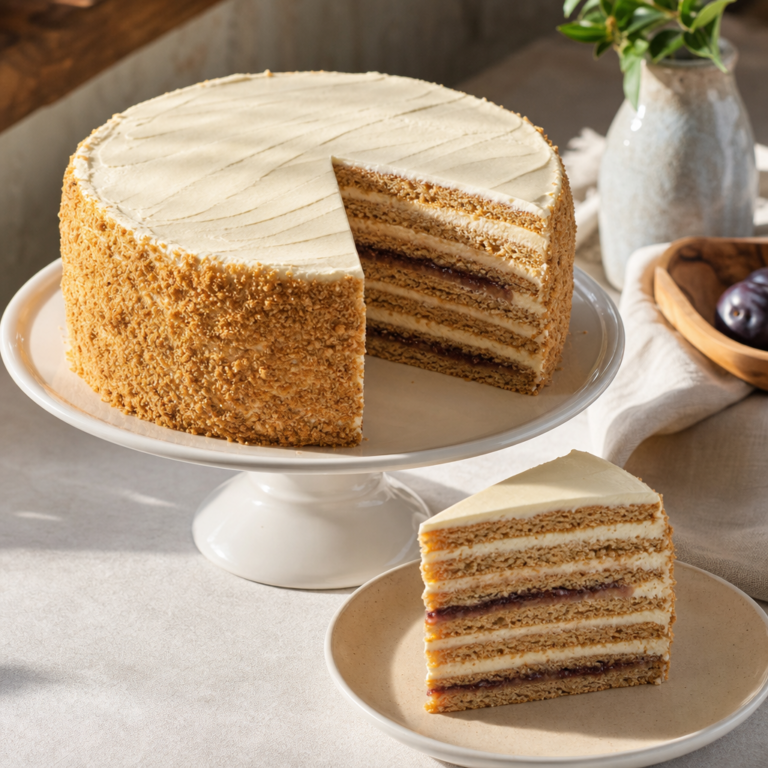 Medovníková torta s mascarpone krémom a slivkovým lekvárom: poctivá torta na dva dni