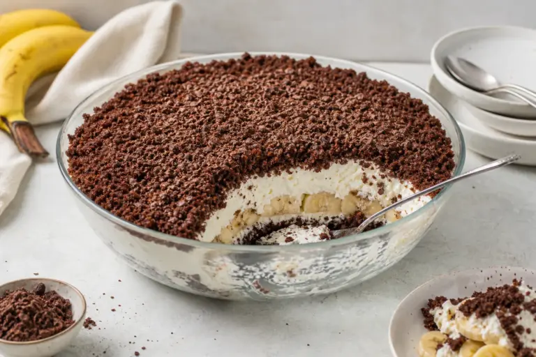 300 g kakaových sušienok premeníte na základ: krtkova torta do misy s banánmi a krémom