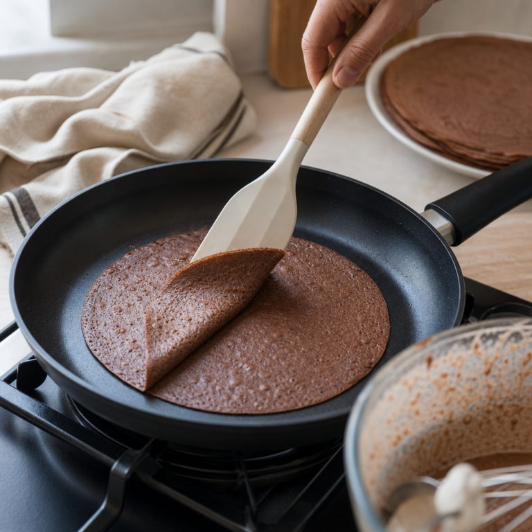 Vrstvený palacinkový dezert s tvarohovým krémom a jemným kakaovým posypom.