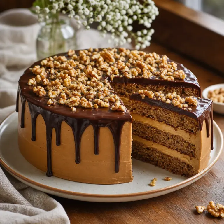 Orechovo-karamelová torta s čokoládovou ganache: vláčny korpus, karamel a čisté rezy