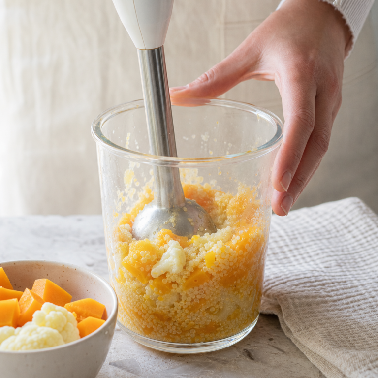 Quinoa, tekvica a karfiol pred mixovaním s pridaným olejom.