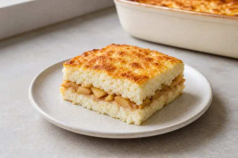 Najlepší domáci recept ako od babičky? Ryžový nákyp s tvarohom a jablkami – jemný stred, šťavnatý výsledok, krémová náplň