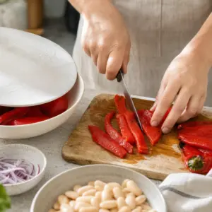 Suroviny na šalát: biela fazuľa, červená cibuľa a feta.