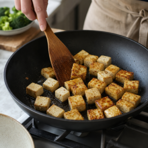 Tofu sa na panvici opeká do zlatista.