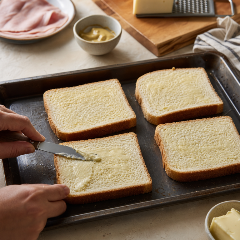 Toast pred pečením na plechu, potretý maslom a pripravený na vrstvenie šunky a syra.