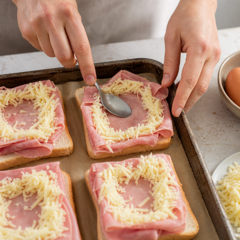 Vrstvený toast so šunkou a syrom pred vložením vajca do stredu.
