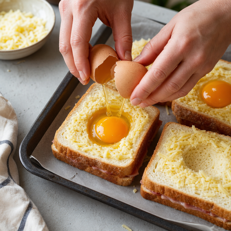 Toast s vajcom v strede pred pečením, okolo nastrúhaný syr a jemné dochutenie.