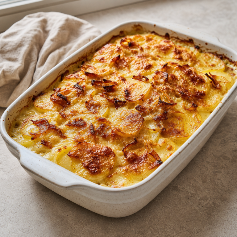 Zemiakový gratin s údeným syrom a smotanou: krémový stred, zlatistý vrch a porcie, ktoré sa dajú čisto krájať