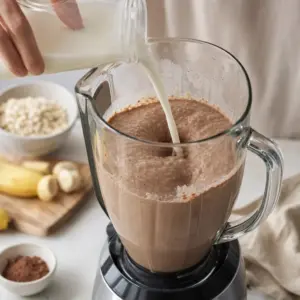 Suroviny na banánovo-ovsené smoothie v mixéri pred rozmixovaním.
