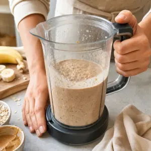 Stolný mixér s hladkým banánovo-ovseným smoothie po rozmixovaní.