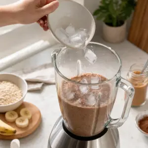 Hotové smoothie nalievané do vysokých pohárov na podávanie.