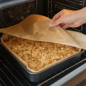 Čisté kocky broskyňového koláča s mandľovou posýpkou po vychladnutí.