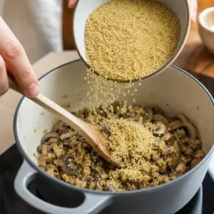 Bulgur sa varí vo vývare v jednej panvici a postupne hustne.