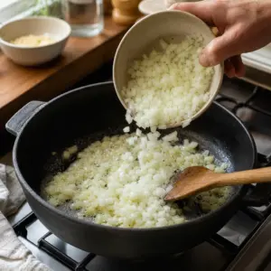 Opečené maslo, podusená cibuľa a cesto na pagáče v domácej kuchyni.