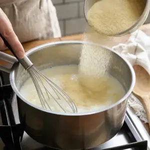 Jemná krupica sa sype do horúceho mlieka za miešania metličkou.