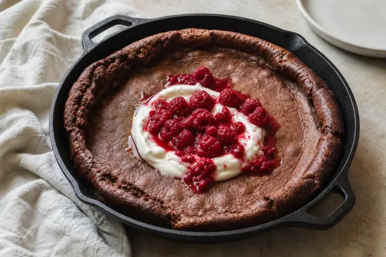 Za 35 minút je výsledok na stole: Čokoládový dutch baby s tvarohovým krémom a malinami. Rozhoduje presné poradie krokov