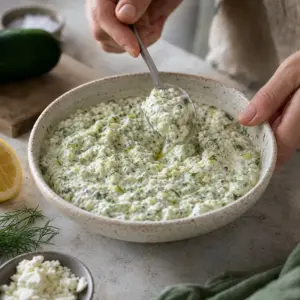 Cuketová nátierka s feta syrom natretá na chlebe s čerstvou zeleninou vedľa.