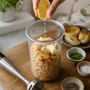 Tyčový mixér rozmixúva fazuľu s pečenou cibuľou do hladkej nátierky.