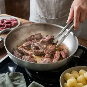 Prudko opečené hovädzie so šampiňónmi v krémovej omáčke, podávané s nokmi.