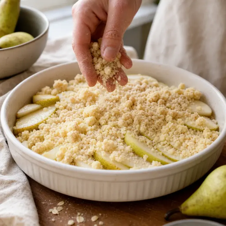 Upečený hruškový crumble so zlatým povrchom a jemne prebublávajúcimi okrajmi.