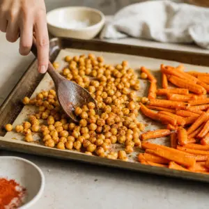 Mixovanie pečenej mrkvy, cíceru, tahini a citrónu do hladkého krému.