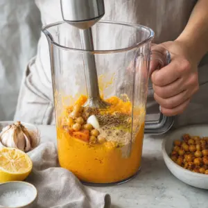 Hotový mrkvový hummus s hladkým povrchom v mixovacej nádobe.