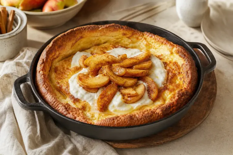Jablká v hlavnej úlohe: Pečené jablkové dutch baby s tvarohovým krémom. Postup zaberie 36 minút – zvonka chrumká a vnútri zostane jemný