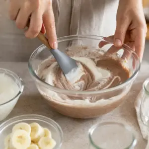 Hustý biely jogurt sa stierkou vmiešava do banánovo-kakaového základu.