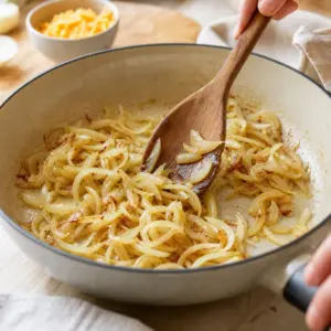 Na panvici sa pomaly opeká cibuľka do zlatohneda.