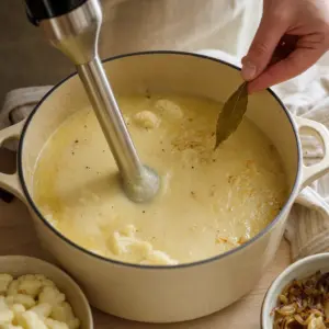 Rozmixovaná karfiolová polievka sa mixuje dohladka.