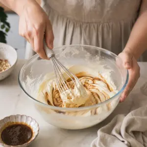Hladký mascarpone krém s kávou v mise.