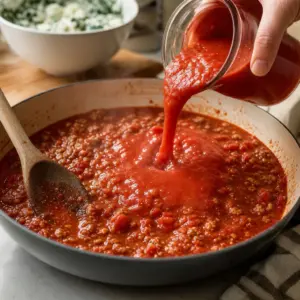 Hotové lasagne rolky s mäsom, ricottou a špenátom, zapečené do zlatista a pripravené na porciovanie.