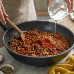 Mäsová zmes s paradajkovým pretlakom a sladkou paprikou sa podlieva vodou.