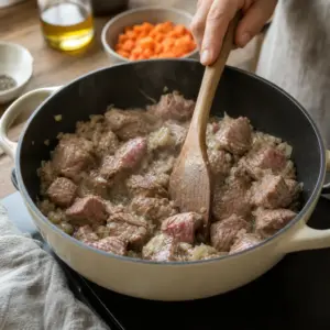 Morčacie kúsky sa opekajú so sklovitou cibuľou v širšom hrnci.