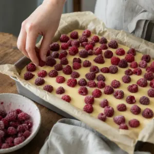 Hustý vanilkový puding na spodku krehkého cesta pred pridaním malín.