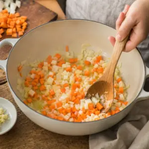 Nakrájaná mrkva, koreňový zeler, cibuľa a cesnak pripravené počas varenia krúp.