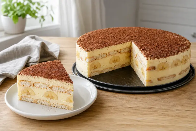 Najlepší domáci recept ako od babičky? Nepečená pudingová torta s piškótami a banánmi – jemný stred, krémová náplň, až 12 pekných kúskov