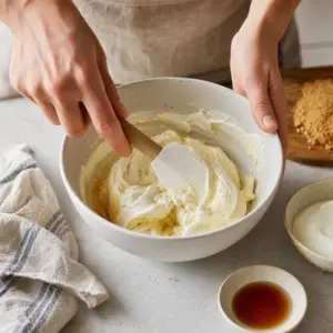 Hustý smotanový krém s mascarpone a medom miešaný stierkou v mise.