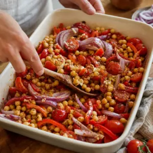 Upečená feta so zeleninou a cícerom v hlbšom pekáči, pripravená na rozmrvenie.