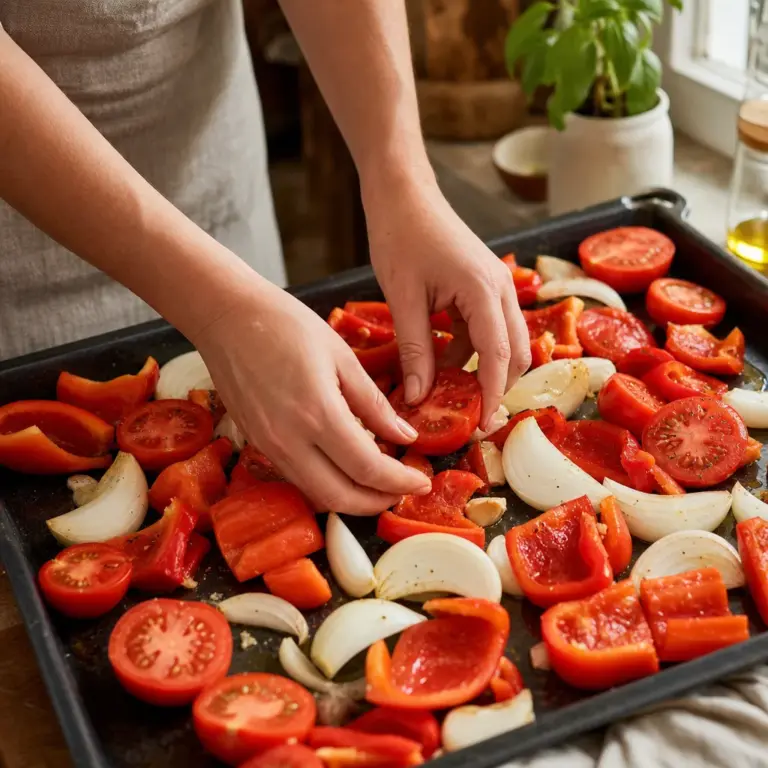 Paradajky a červená paprika upečené na plechu pred rozmixovaním na krémovú polievku.