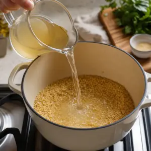 Bulgur s pečenými mäsovými guľkami a miskou jogurtovo-tahinového dipu.