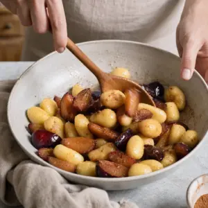 Gnocchi so slivkami jemne premiešané v mise pred pečením.