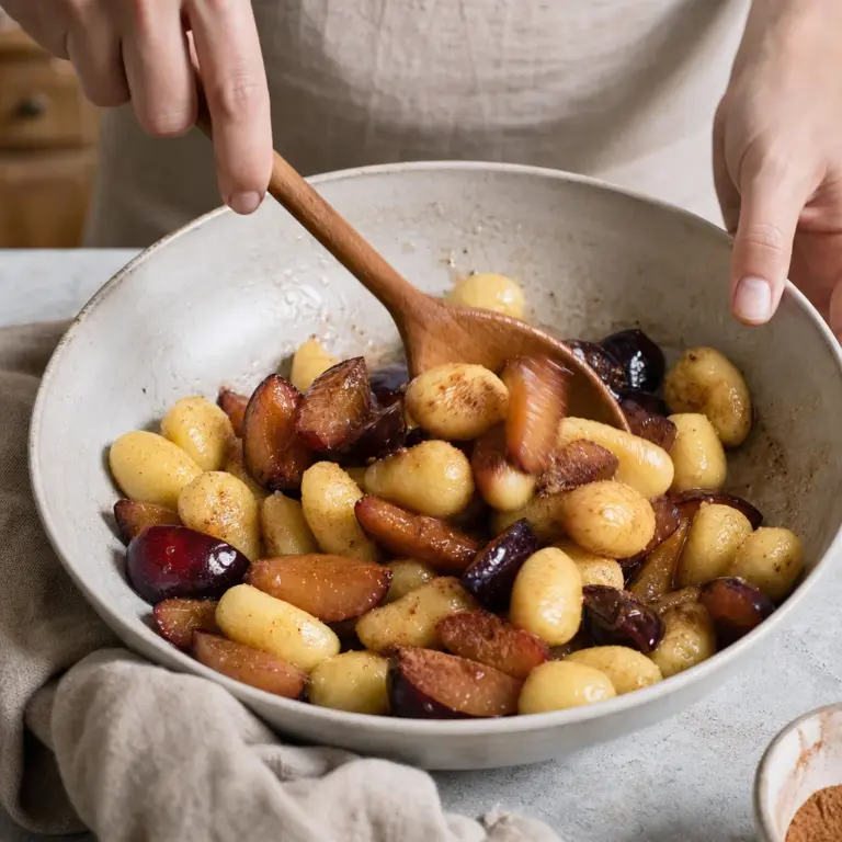 Gnocchi so slivkami jemne premiešané v mise pred pečením.