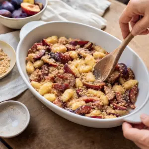 Zmes gnocchi a sliviek rozložená do zapekacej misy pred vložením do rúry.